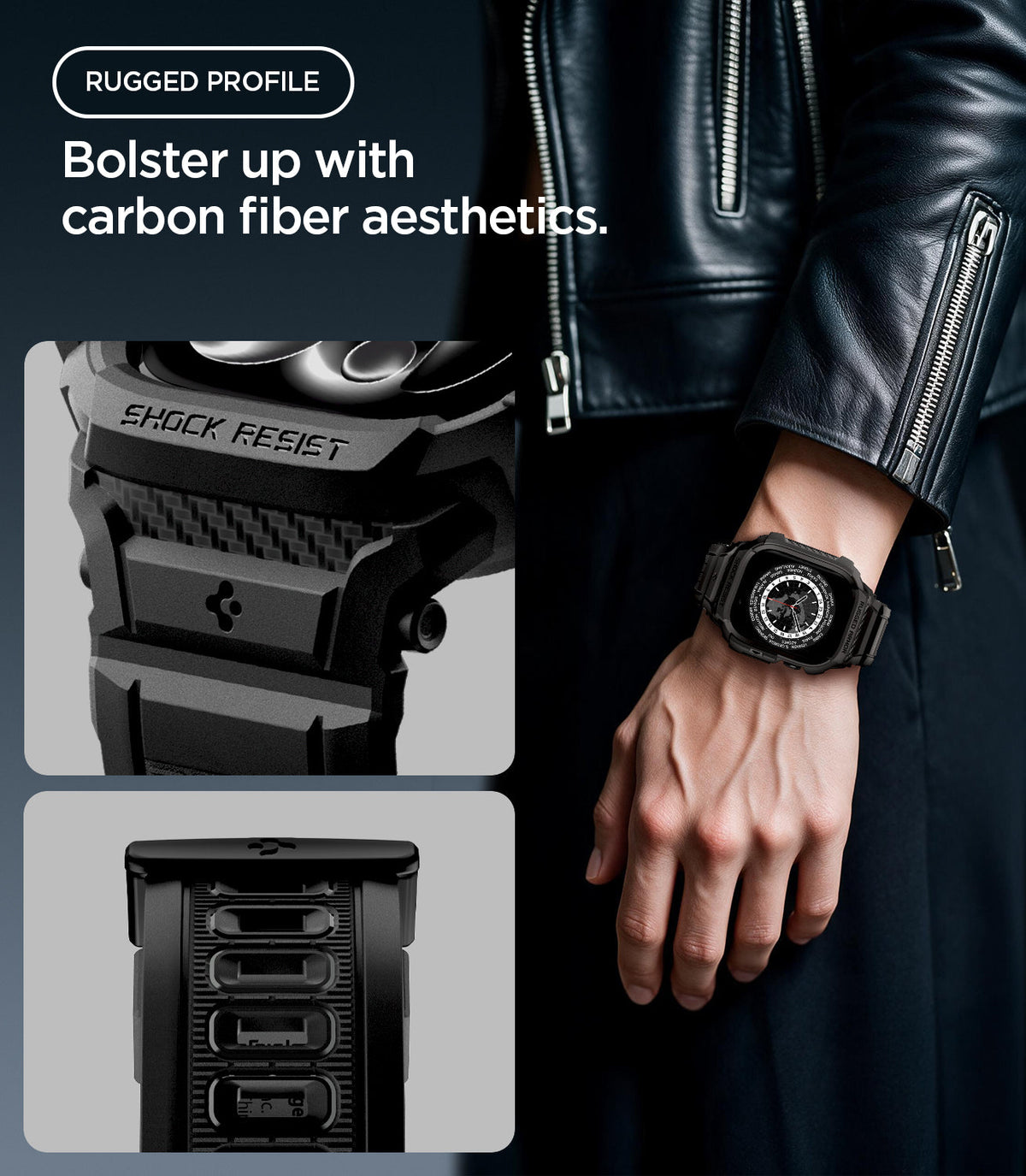 Apple Watch Series 12(42mm) Case Rugged Armor Pro in Matte Black showing carbon fiber inspired detailing and reinforced elements for a rugged profile