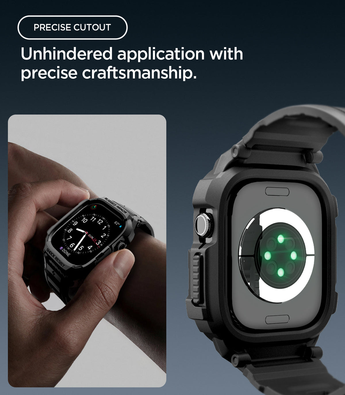 Apple Watch Series 12 (46mm) Case Rugged Armor Pro in Matte Black showing precise cutouts providing easy access to controls while keeping the sensor area open