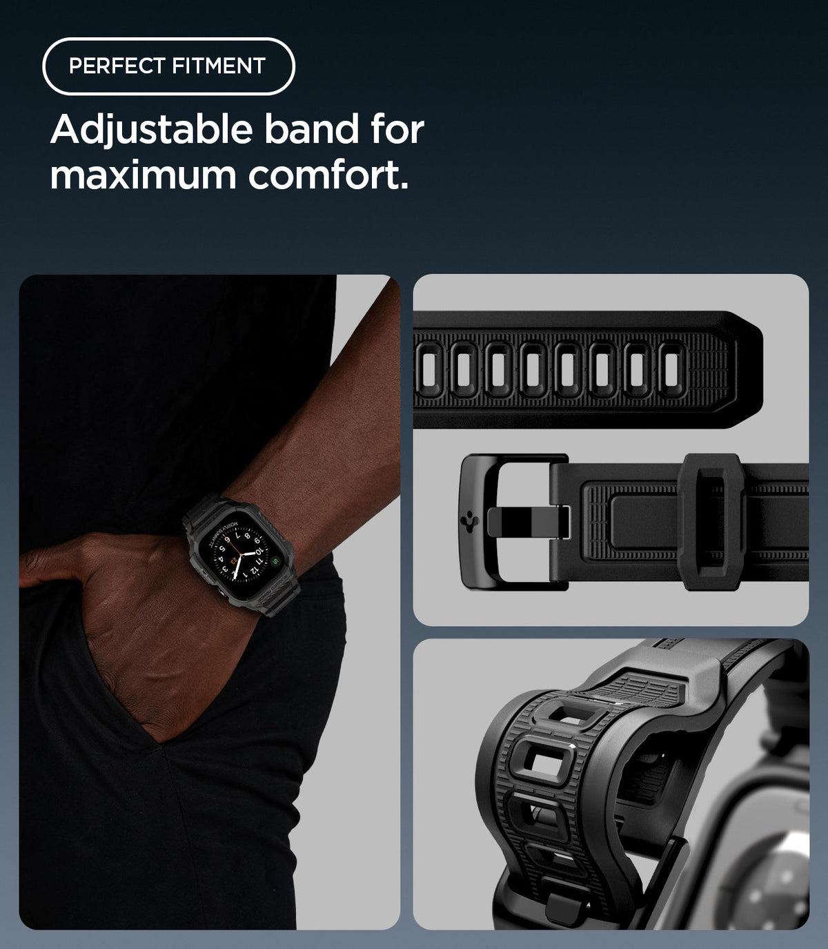 Apple Watch Series 12 (46mm) Case Rugged Armor Pro in Matte Black showing the adjustable band, buckle, and multiple sizing holes for a comfortable fit