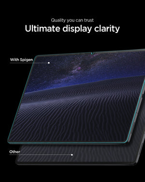 Galaxy Tab S12+ Glas.tR EZ Fit Pro showing a comparison of screen clarity with the screen protector and another screen protector.