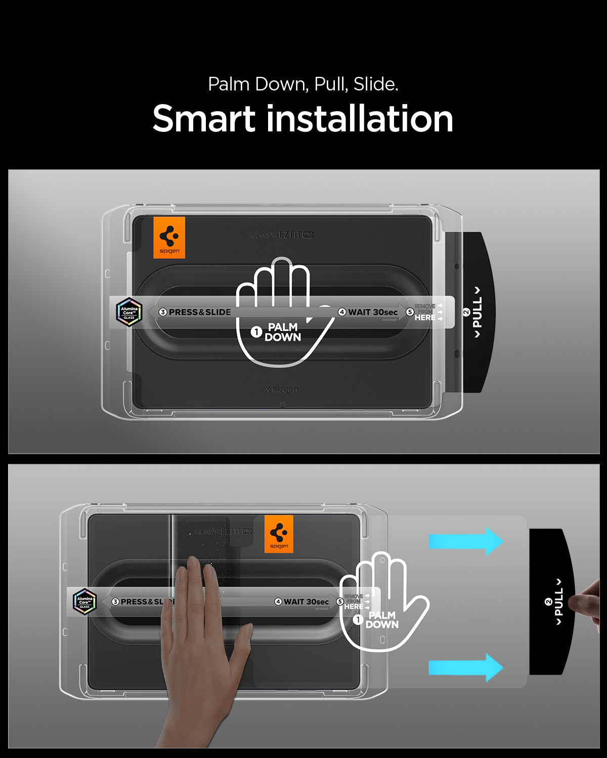 Galaxy Tab S12+ Glas.tR EZ Fit Pro showing the installation tray with palm down, pull, and slide steps for guided screen protector application.