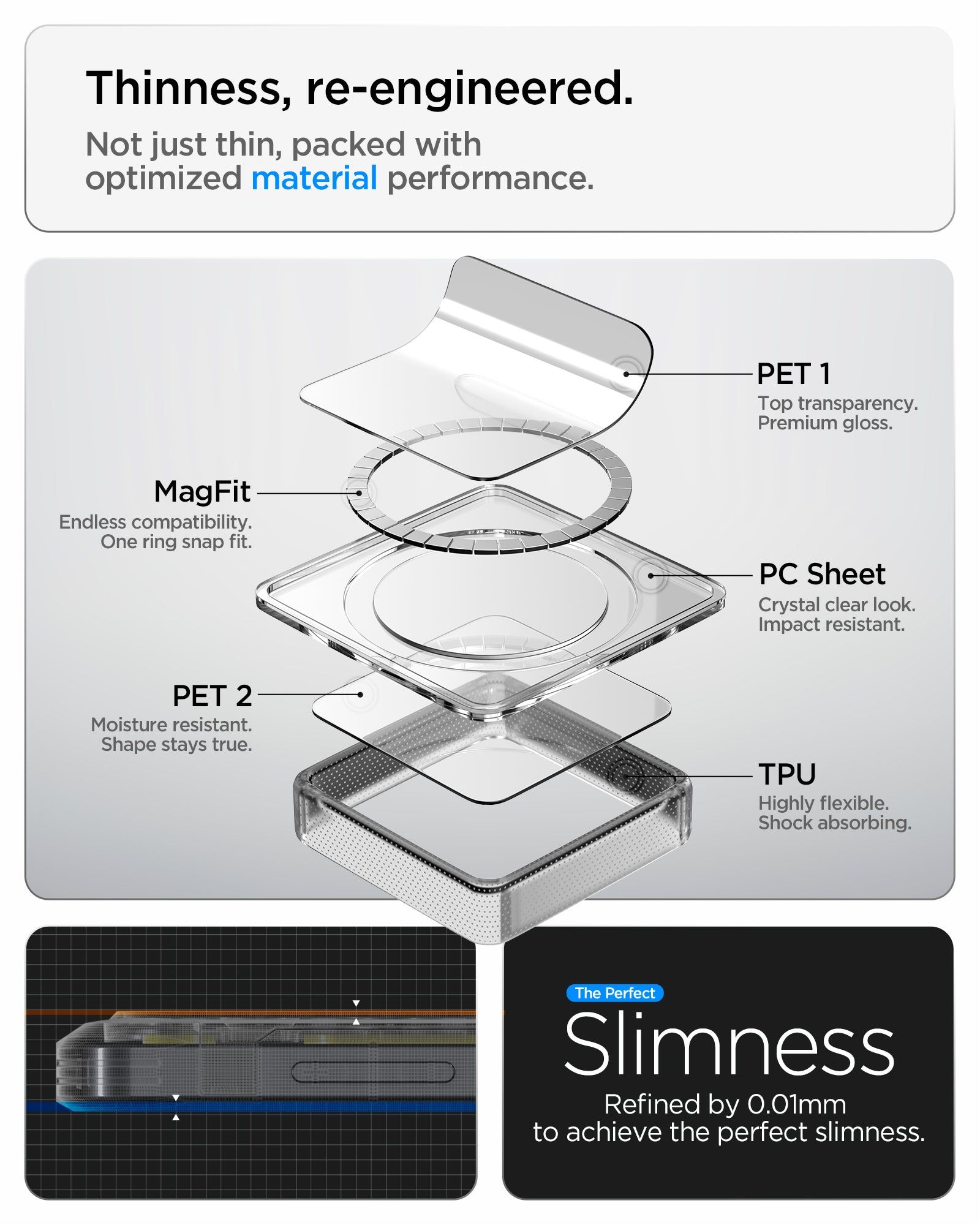 Spigen Galaxy S26 Plus Case Ultra Hybrid Neo One (Mag Fit) showing thinness re engineered. no just thin packed with optimized material performance