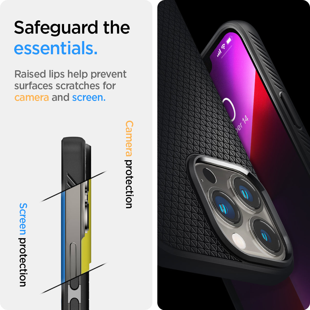 Spigen Liquid Air case for iPhone 13 Pro in Matte Black – raised screen and camera edge protection
