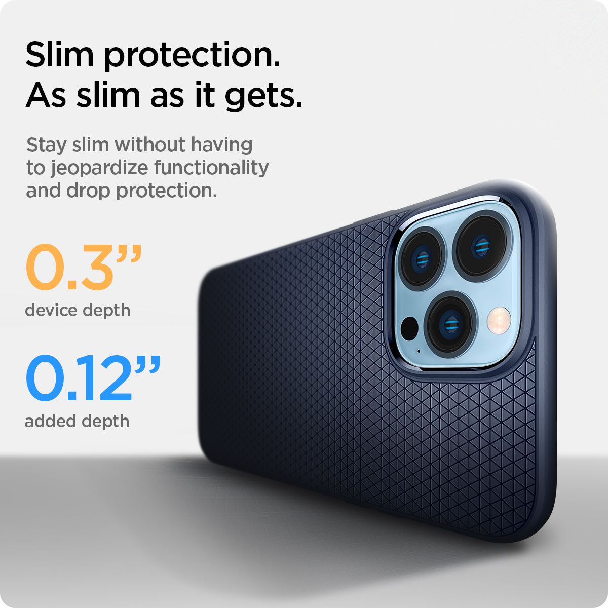 Spigen Liquid Air case for iPhone 13 Pro in Navy Blue – slim profile and added-depth guide