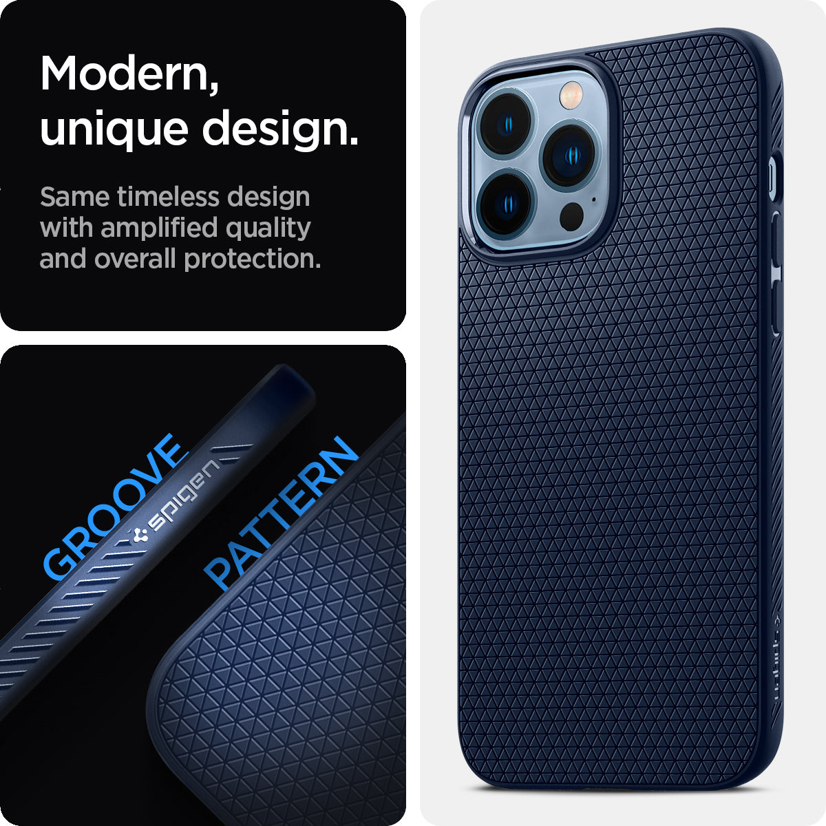 Spigen Liquid Air case for iPhone 13 Pro Max in Navy Blue – geometric grip texture detail