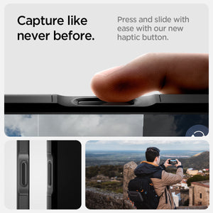 Spigen iPhone 16 Pro Tough Armor T AI MagFit case in Black - Camera Control button demonstration