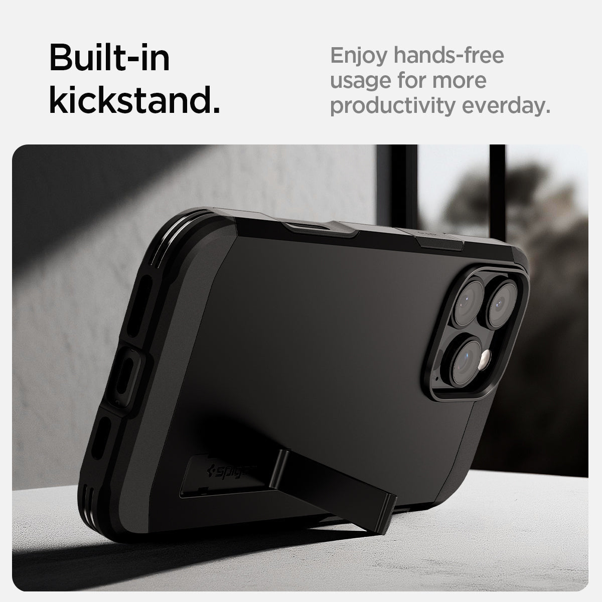 Spigen iPhone 16 Pro Tough Armor T AI MagFit case in Black - built-in kickstand feature panel