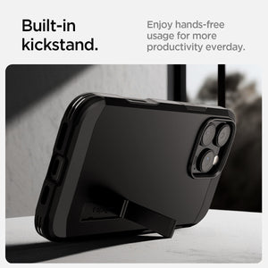 Spigen iPhone 16 Pro Tough Armor T AI MagFit case in Black - built-in kickstand feature panel