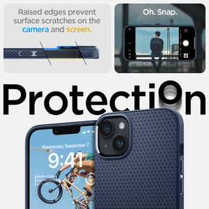 Spigen iPhone 14 Case – Liquid Air - Navy Blue - raised screen and camera edge protection