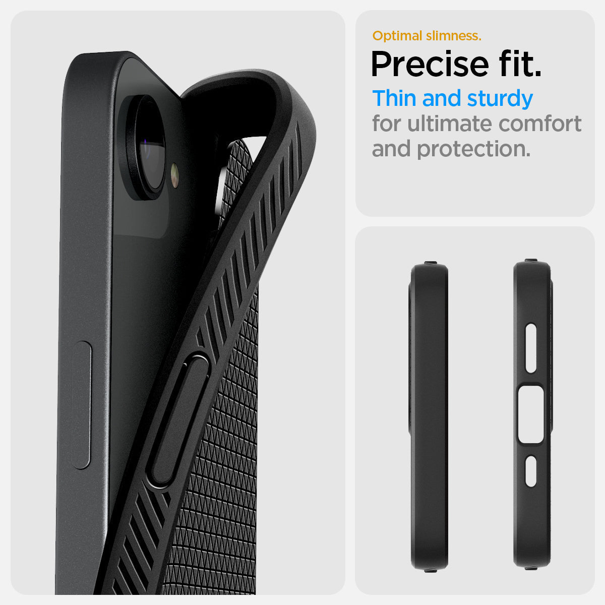 Spigen iPhone 17e and iPhone 16e Liquid Air case in Matte Black - precise fit and button detail