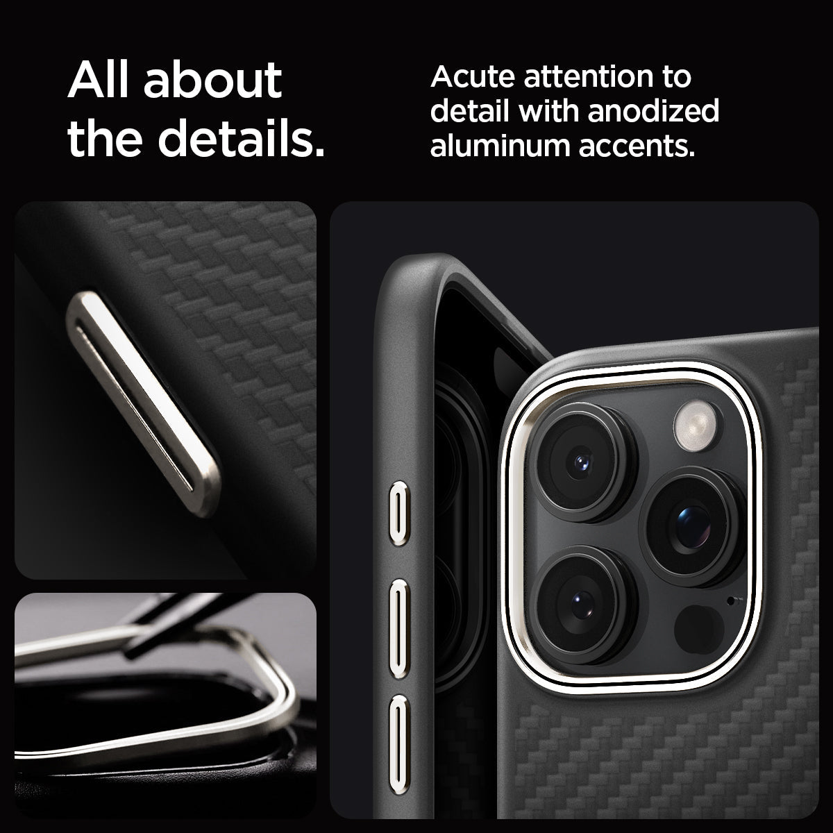 Spigen Enzo Aramid MagFit case for iPhone 16 Pro - aluminum accent detail panel