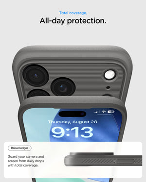 Spigen iPhone 17 Pro Max Case – Rugged Armor (MagFit) - Gray - all-day raised-edge protection detail