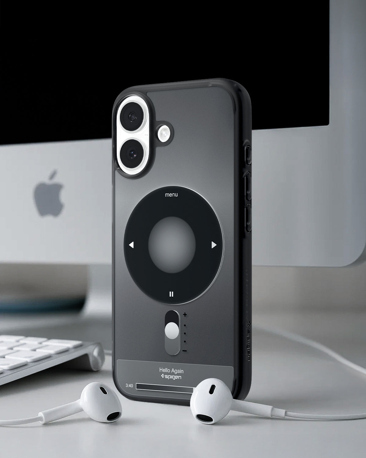 Spigen iPhone 17 Ultra Hybrid Classic MagFit case in Classic Black - lifestyle view with AirPods
