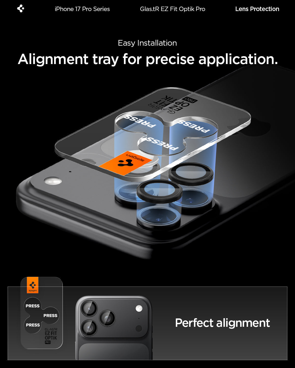Spigen iPhone 17 Pro Max / 17 Pro Lens Protector – Optik Pro EZ Fit - Black - precise alignment detail