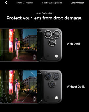 Spigen iPhone 17 Pro Max / 17 Pro Lens Protector – Optik Pro EZ Fit - Silver - drop protection comparison
