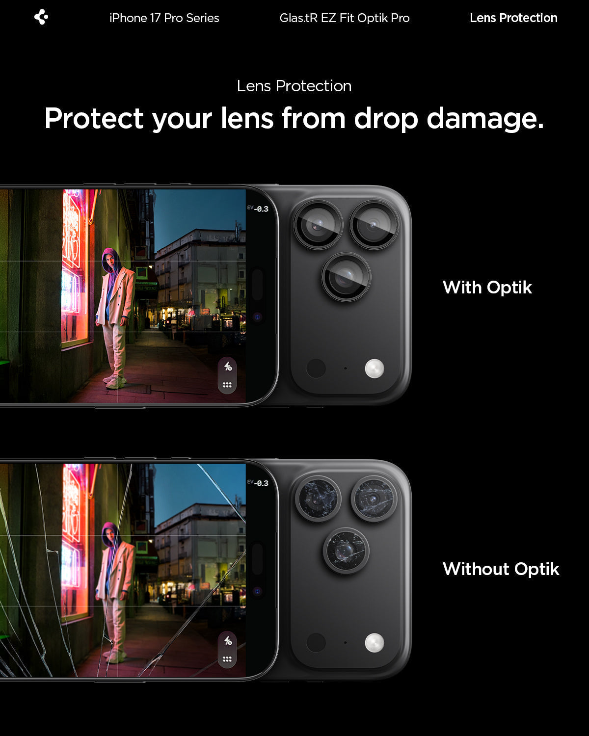 Spigen iPhone 17 Pro Max / 17 Pro Lens Protector – Optik Pro EZ Fit - Black - drop protection comparison