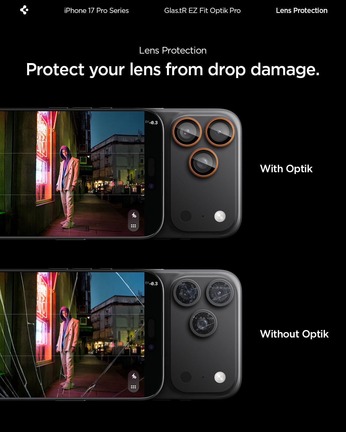 Spigen iPhone 17 Pro Max / 17 Pro Lens Protector – Optik Pro EZ Fit - Orange - drop protection comparison