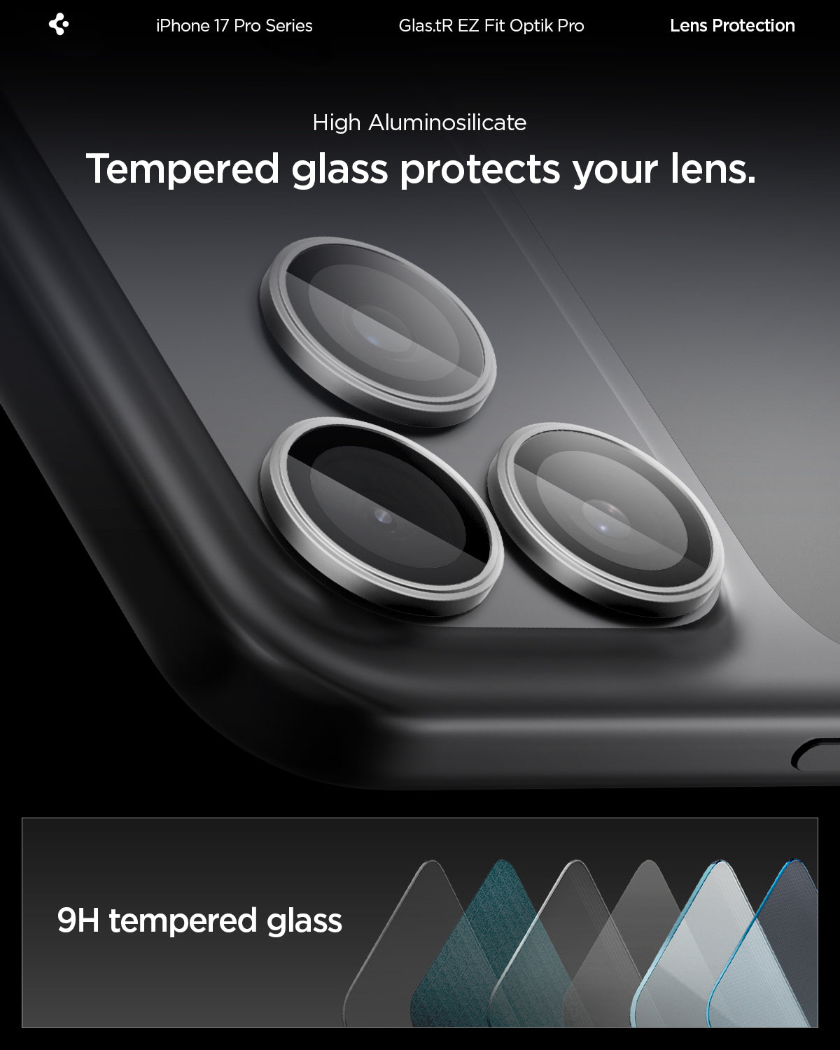 Spigen iPhone 17 Pro Max / 17 Pro Lens Protector – Optik Pro EZ Fit - Gray - 9H tempered glass detail