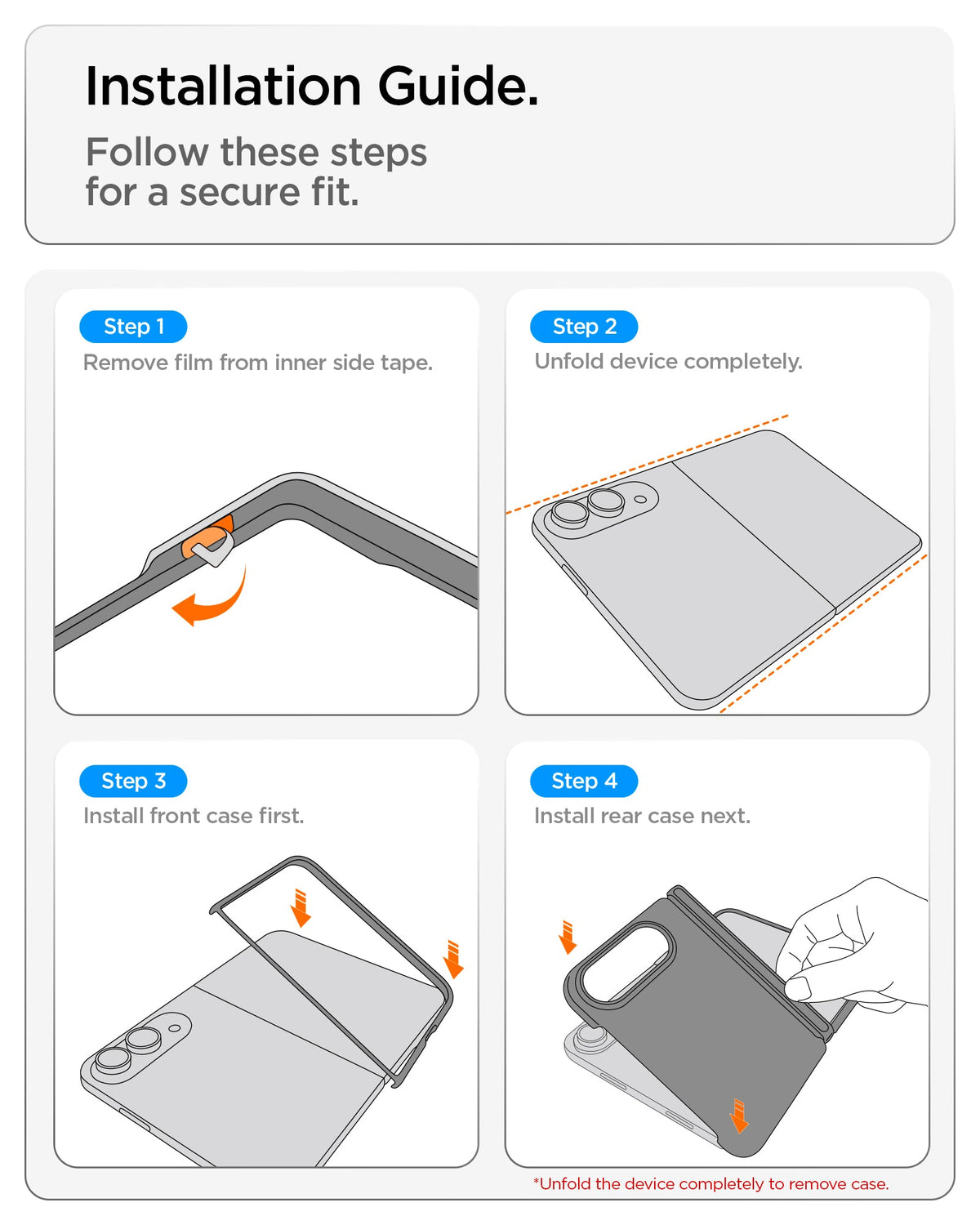 iPhone Duo Nano Pop (Mag Fit) in Blueberry Navy showing a four-step installation guide for securely attaching the front and rear case pieces