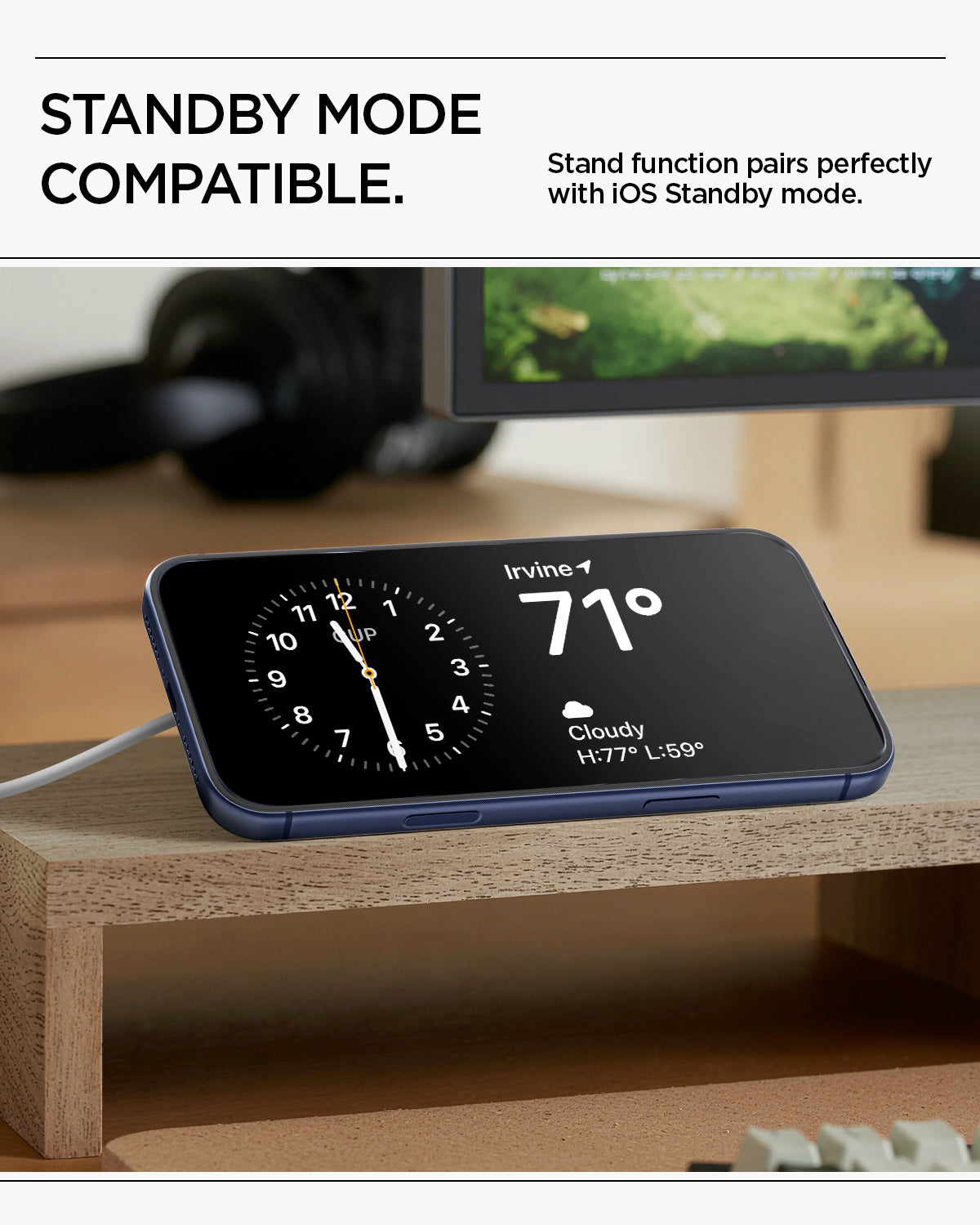 AMP10137 - O-Mag Charging Grip (MagFit) | OM107 in Black showing standby mode compatible. stand function pairs perfectly with iOS standby mode