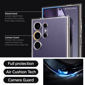 Galaxy S24 Ultra Case Liquid Crystal in Crystal Clear raised bezel added depth that protects the screen from daily scratches. camera guard protect the camera against drops and scratches from daily life. full protection. air cushion tech. camera guard.