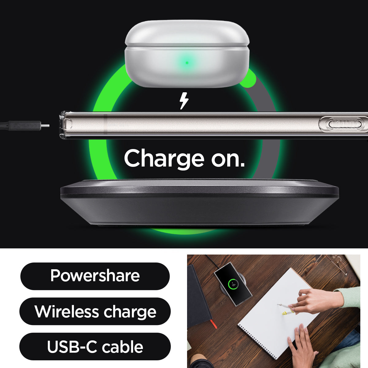 Galaxy S24 Ultra Case Liquid Crystal in Crystal Clear charge on. powershare. wireless charge. USB-C cable.