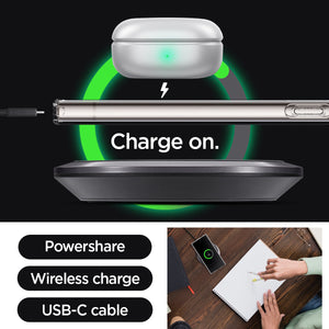 Galaxy S24 Ultra Case Liquid Crystal in Crystal Clear charge on. powershare. wireless charge. USB-C cable.
