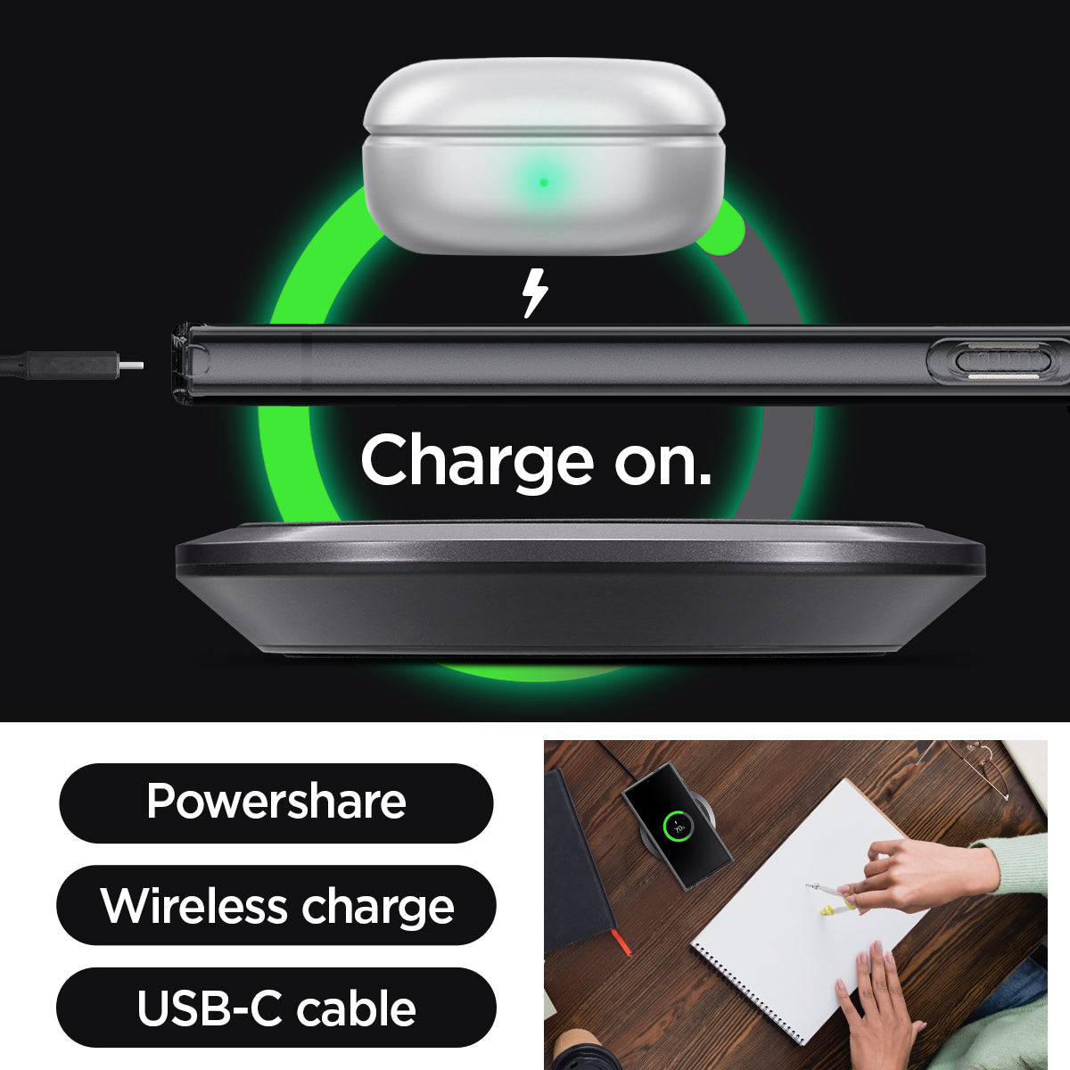 Galaxy S24 Ultra Case Liquid Crystal in Space Crystal charge on. powershare. wireless charge. USB-C cable.
