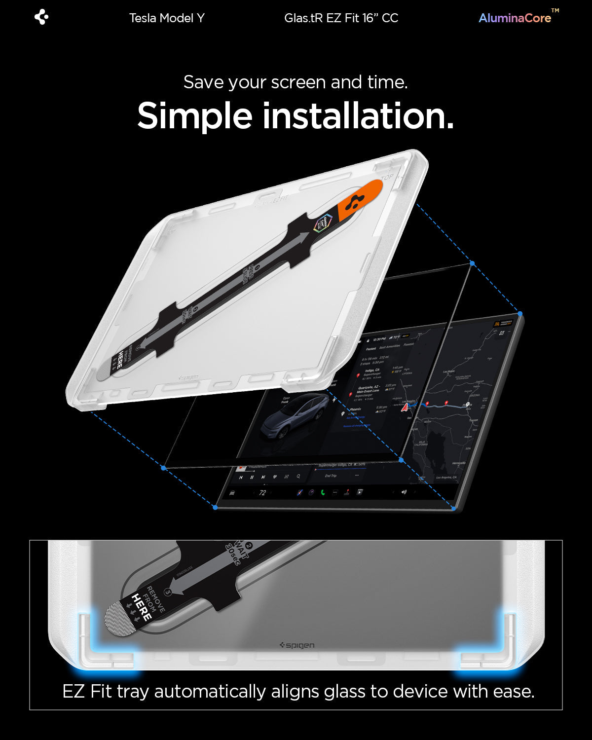 Spigen Tesla Model Y Screen Protector (16”)– GLAS.tR EZ Fit AluminaCore Screen Protector view 15