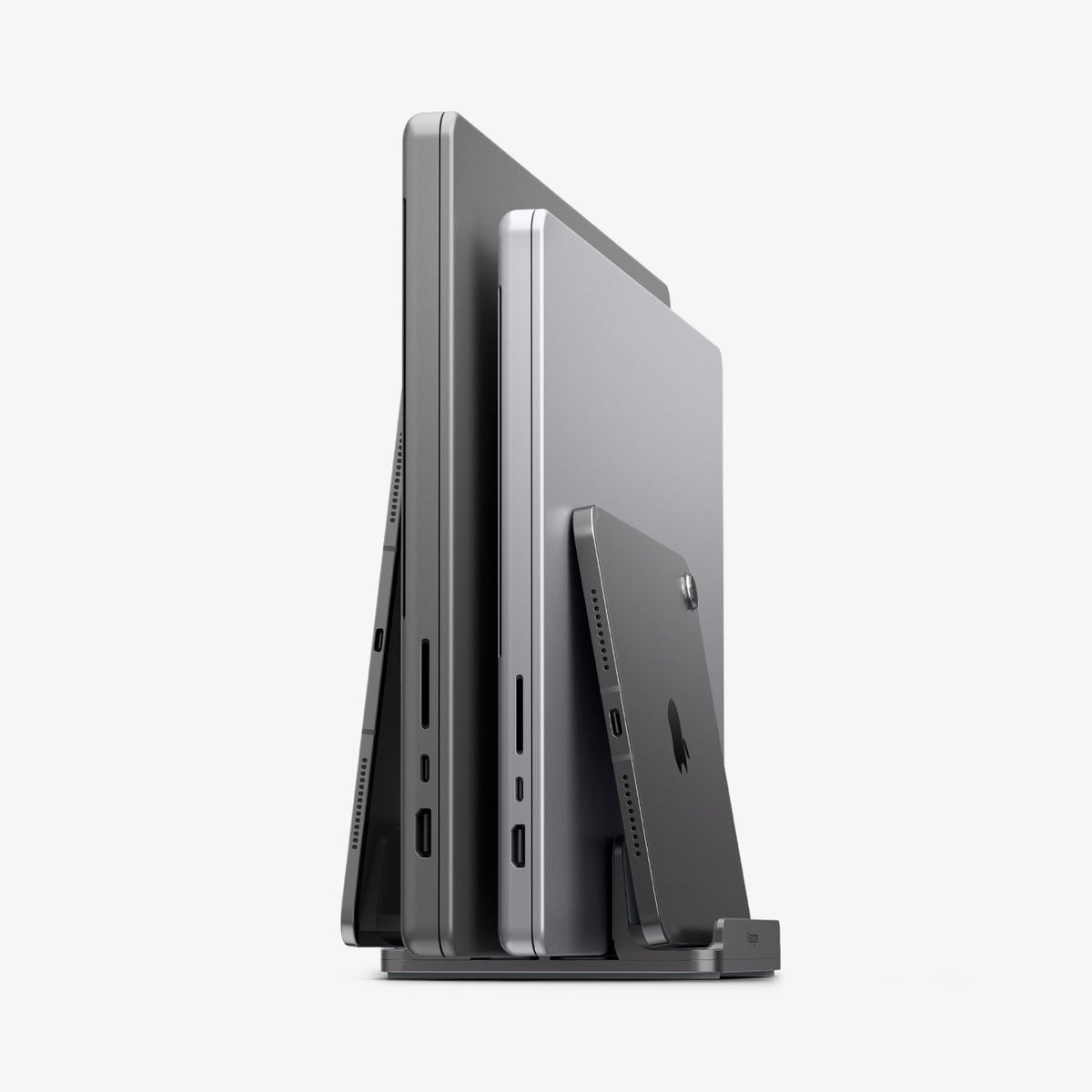 Spigen LD208S4 four-slot vertical laptop stand in Space Gray