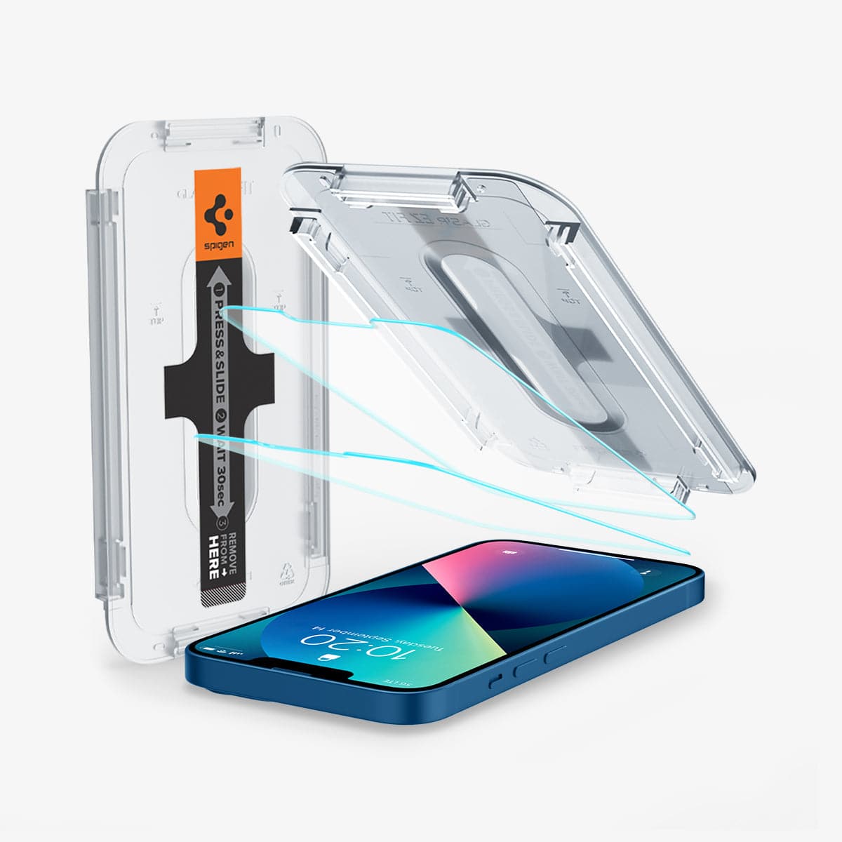 Spigen iPhone 13 Mini Screen Protector – GLAS.tR EZ Fit – EZ Fit alignment tray and tempered glass above an iPhone 13 Mini
