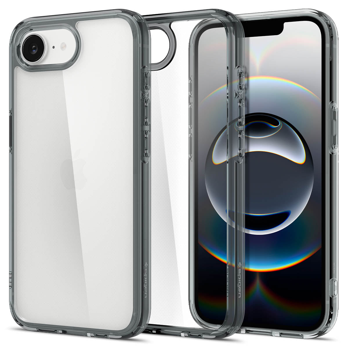 Spigen iPhone 17e and iPhone 16e Ultra Hybrid case in Space Crystal - front and rear view with phone