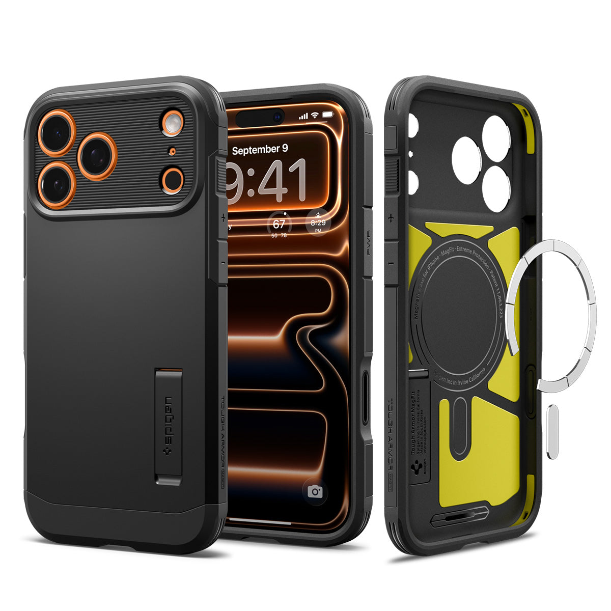 Spigen iPhone 17 Pro Max Case - Tough Armor T (MagFit) - Black - front, back, inner case and MagFit ring views