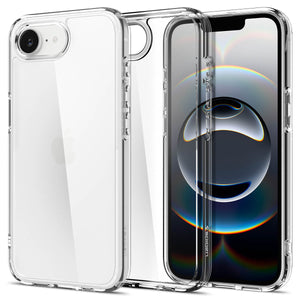 Spigen iPhone 17e and iPhone 16e Ultra Hybrid case in Crystal Clear - front and rear view with phone