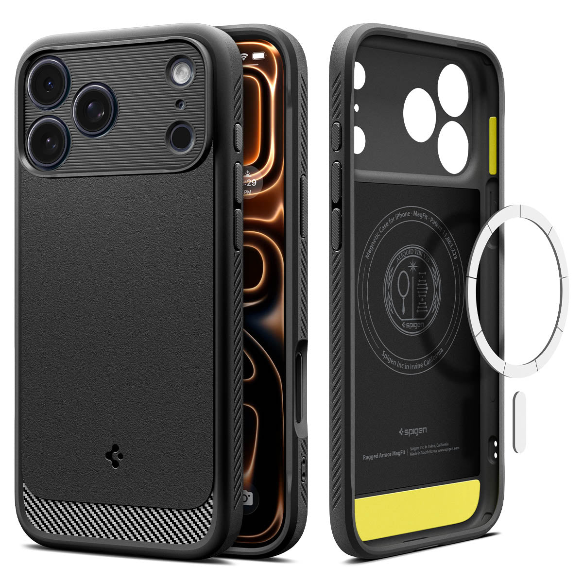 Spigen iPhone 17 Pro Max Case – Rugged Armor (MagFit) - Matte Black - front, back, inner case and MagFit ring views