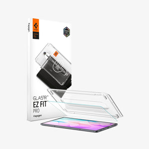 Galaxy Tab S12+ Glas.tR EZ Fit Pro showing GLAS.tR EZ Fit Pro screen protector, installation tray, tablet, and product packaging.