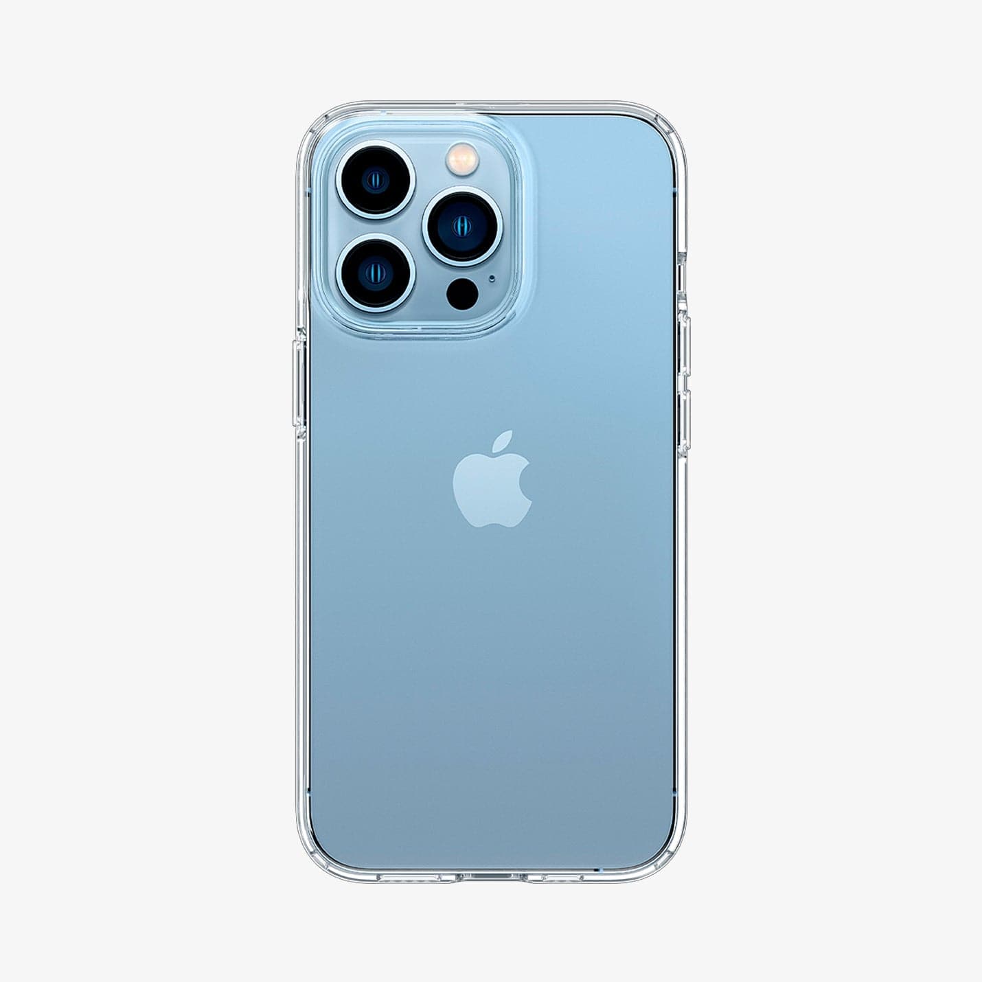 Spigen iPhone 13 Pro Max Case – Liquid Crystal – rear view of the Crystal Clear case on a blue iPhone 13 Pro Max
