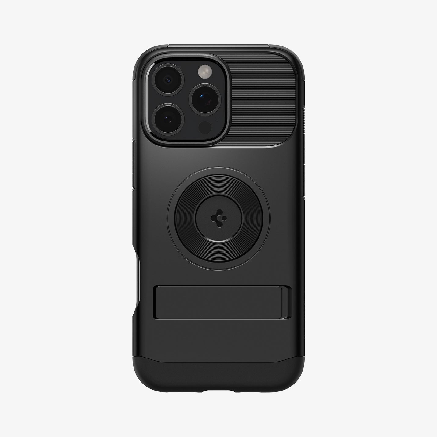 Spigen iPhone 16 Pro Slim Armor MagFit case in Black - rear view with magnetic ring and kickstand