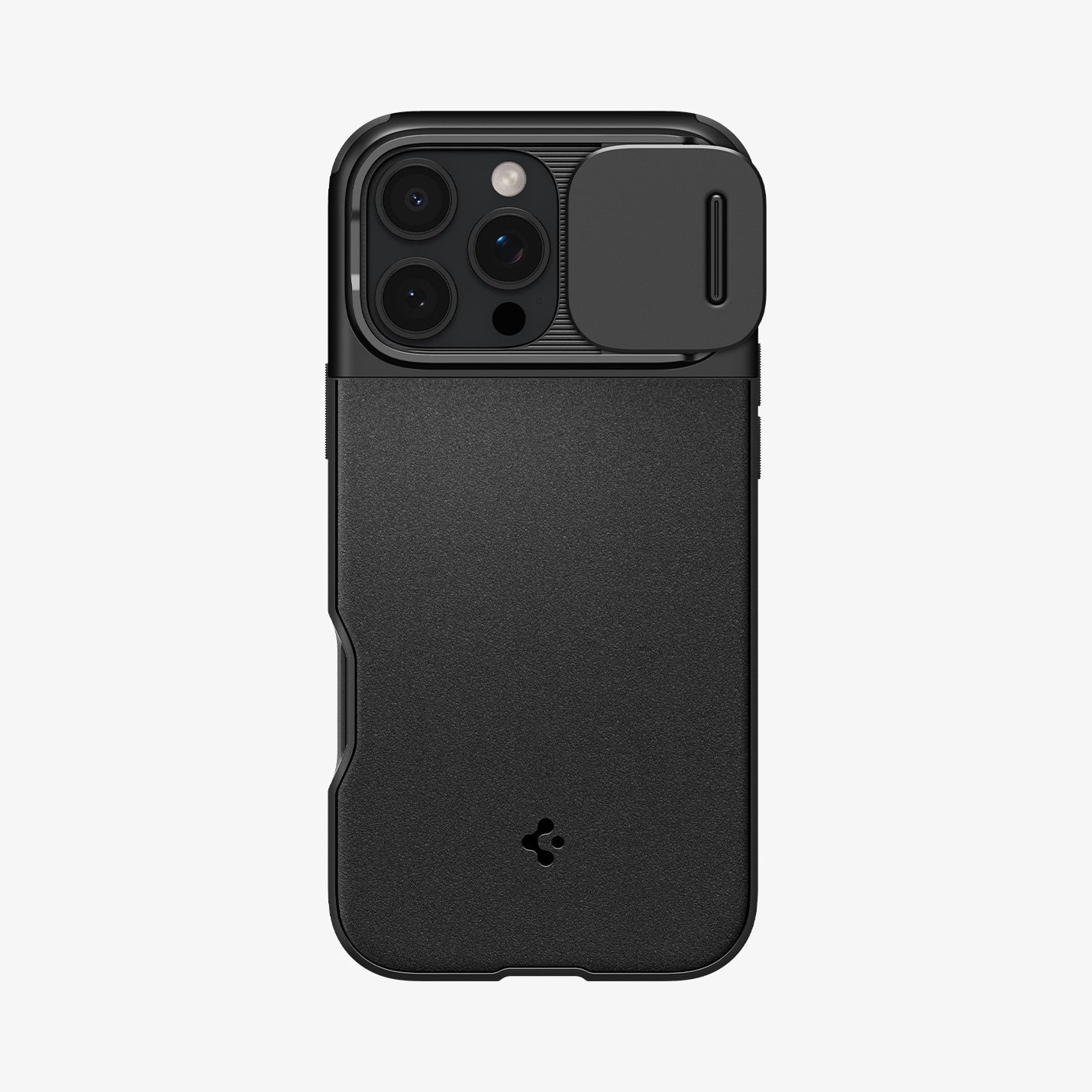 Spigen iPhone 16 Pro Case – Optik Armor MagFit in Black – rear view with the sliding camera cover closed