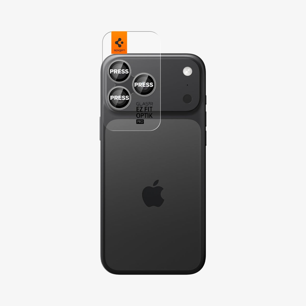 Spigen iPhone 17 Pro Max / 17 Pro Lens Protector – Optik Pro EZ Fit - Gray - alignment tray installed on device