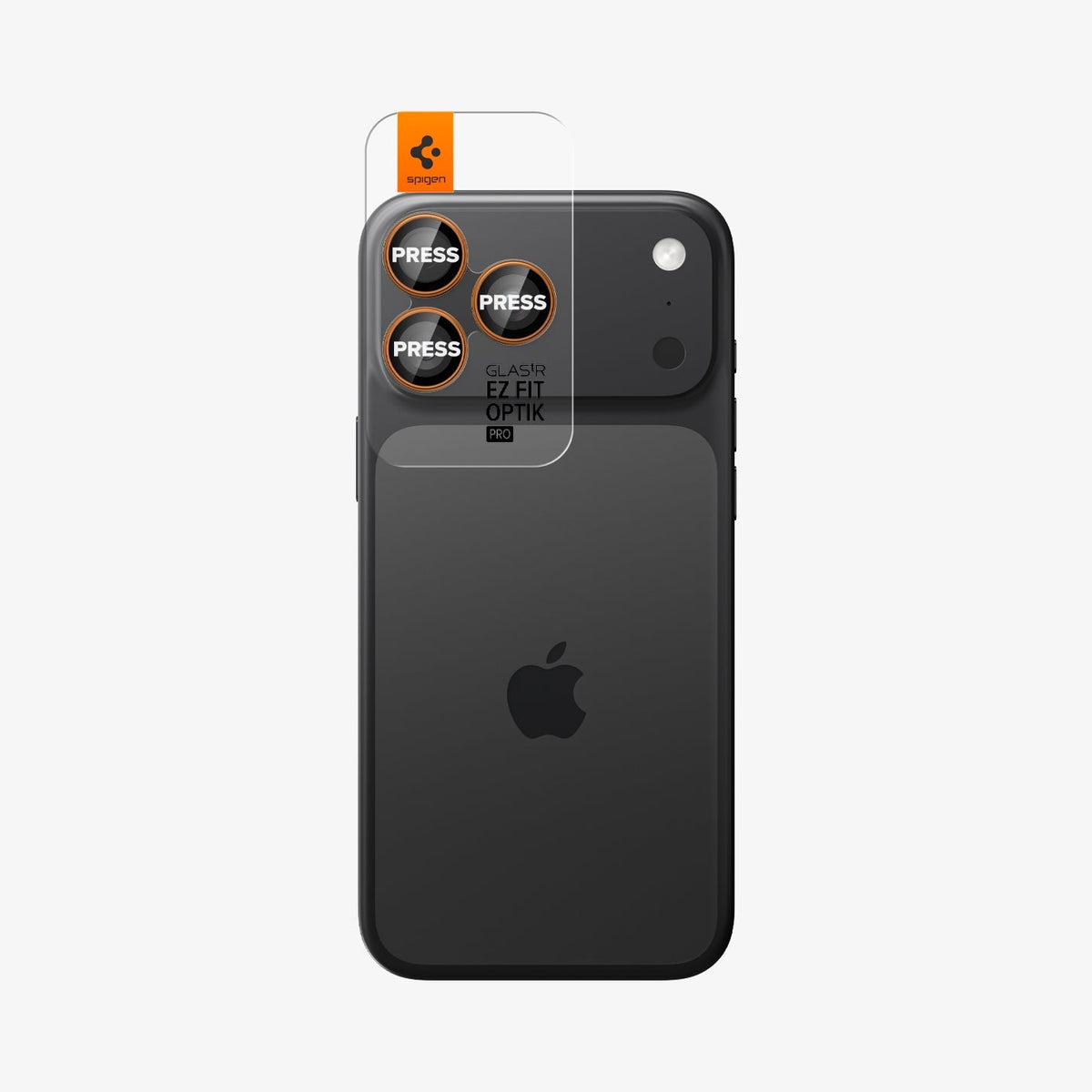Spigen iPhone 17 Pro Max / 17 Pro Lens Protector – Optik Pro EZ Fit - Orange - alignment tray installed on device
