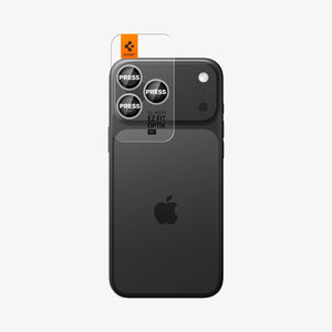 Spigen iPhone 17 Pro Max / 17 Pro Lens Protector – Optik Pro EZ Fit - Silver - alignment tray installed on device